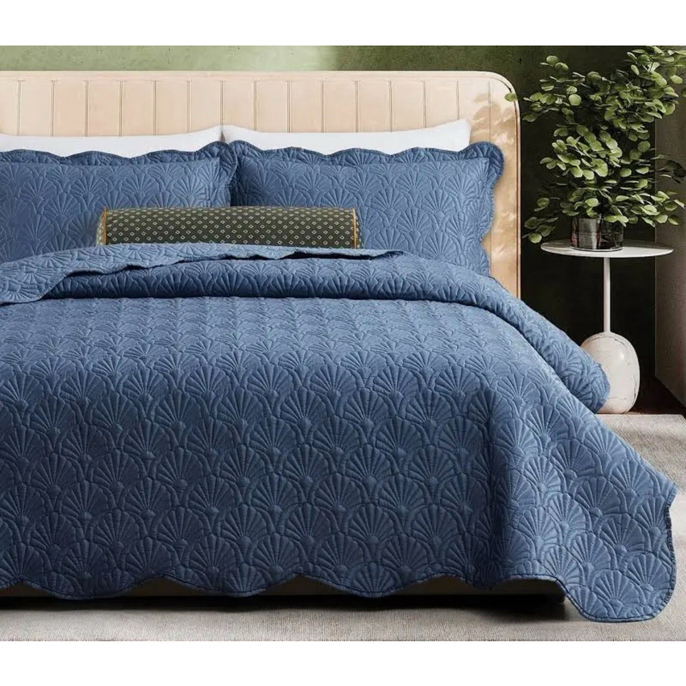 Ted Baker Deco Shell Sapphire Blue King Quilt & Pillow Sham Set New 108x90